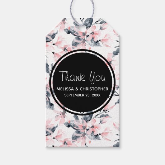 Étiquettes-cadeau Merci Motif rose et gris en aquarelle (Devant)