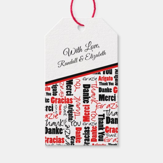 Étiquettes-cadeau Merci multilingue Typographie rouge noire (Devant)