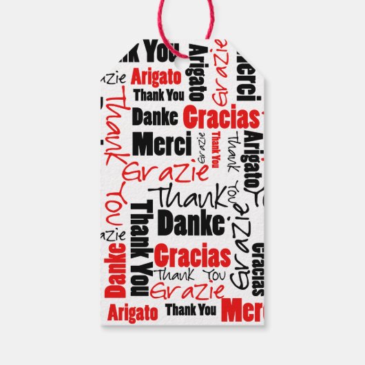 Étiquettes-cadeau Merci multilingue Typographie rouge noire (Dos)