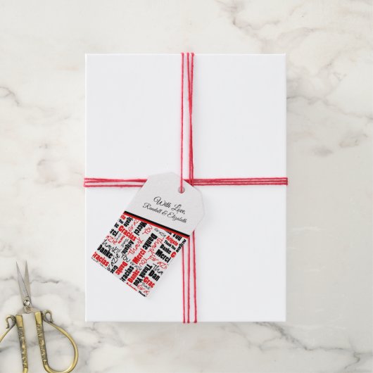 Étiquettes-cadeau Merci multilingue Typographie rouge noire (Avec de la ficelle)