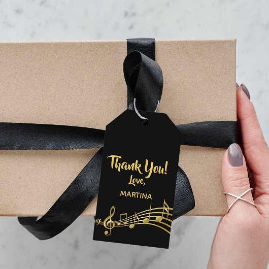 Étiquettes-cadeau Merci musique note noir or nom