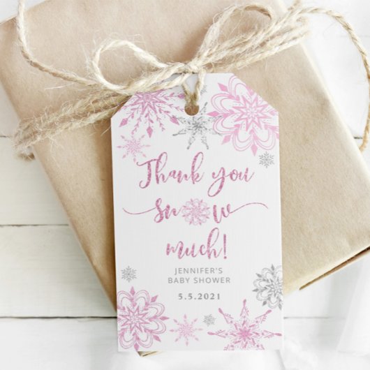 Étiquettes-cadeau Merci neiger beaucoup de rose argent des flocons d