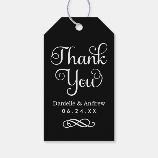 Étiquettes-cadeau Merci noir et blanc Mariage de script moderne (Devant)