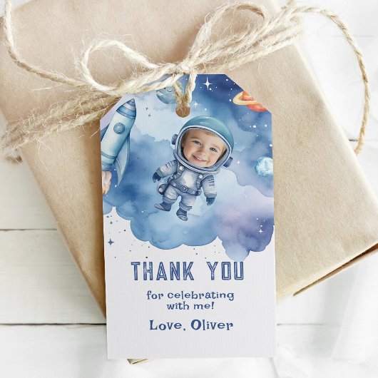 Étiquettes-cadeau Merci photo d'anniversaire de l'astronaute spatial