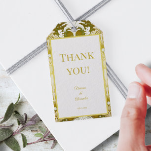 Étiquettes-cadeau Merci Retro Gold Green Mariage damassé