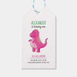 Étiquettes-cadeau Merci rose de la fête d'anniversaire de dinosaure