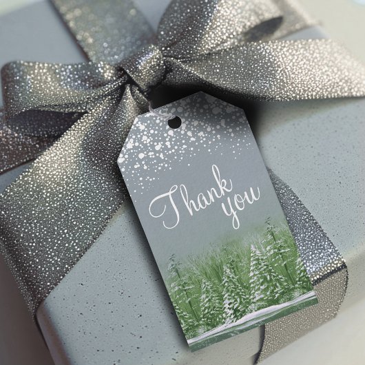 Étiquettes-cadeau Merci script green gray pine trees art