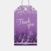 Étiquettes-cadeau Merci script neige blanche et arbres violets art (Devant)