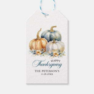 Étiquettes-cadeau Merci Thanksgiving Blue Orange Gold Citrouilles