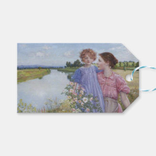 Étiquettes-cadeau Mère et enfant au bord d'une rivière avec des Rose
