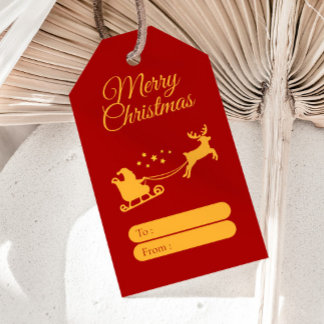 Étiquettes-cadeau Merry Christmas Santa & Reindeer Red Gold