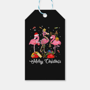 Étiquettes-cadeau Merry Christmas Three Flamingo With Santa Hat