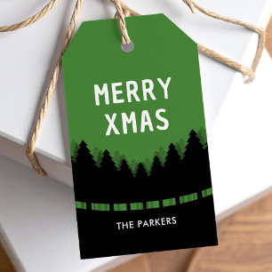 Étiquettes-cadeau Merry Xmas vert et noir rétro avec pins