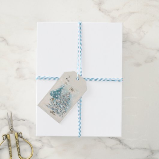 Étiquettes-cadeau Mi-siècle Moderne Bleu Arbres de Noël Argent (Avec de laficelle)