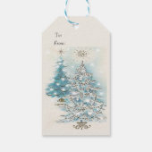 Étiquettes-cadeau Mi-siècle Moderne Bleu Arbres de Noël Argent (Dos)