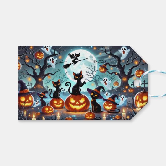 Étiquettes-cadeau Midnight Magic: Black Cats & Pumpkins Halloween (Devant (Horizontal))