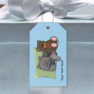 Étiquettes-cadeau Mignon Chat Gris Ours en Peluche Drôle Bleu