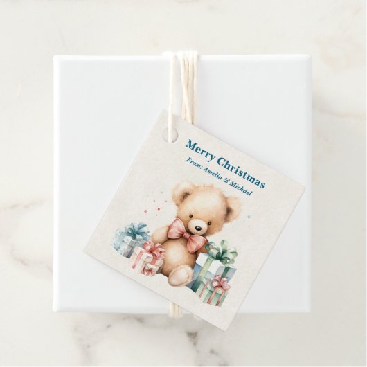 Étiquettes Cadeau Mignonne ours en peluche Joyeux Noël (En situation)