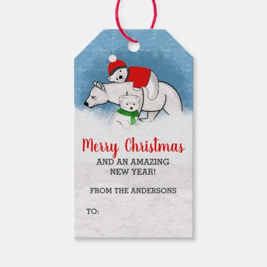 Étiquettes-cadeau Mignonne Polar Oear Maman Avec Cubs Joyeux Noël (Devant)