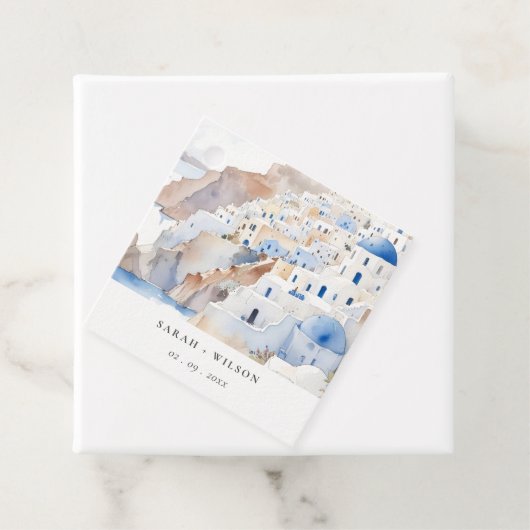 Étiquettes Cadeau Minimal chic Santorini Grèce Mariage aquarelle (En situation)