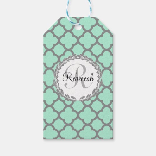 Étiquettes-cadeau Mint Green Grey Quatrefoil Nom Monogramme Laurel (Devant)