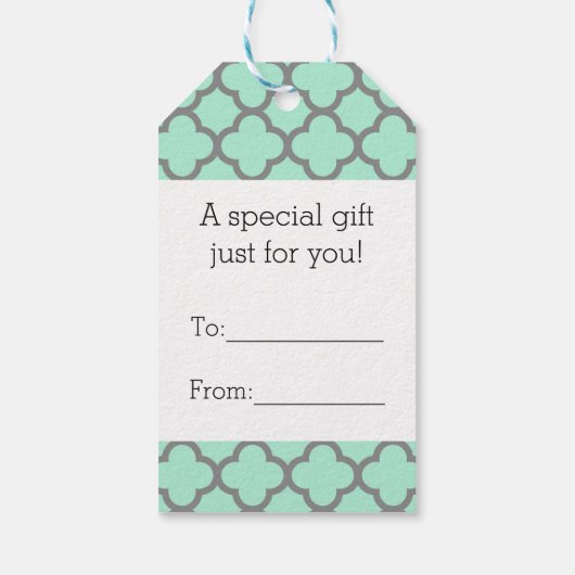 Étiquettes-cadeau Mint Green Grey Quatrefoil Nom Monogramme Laurel (Dos)