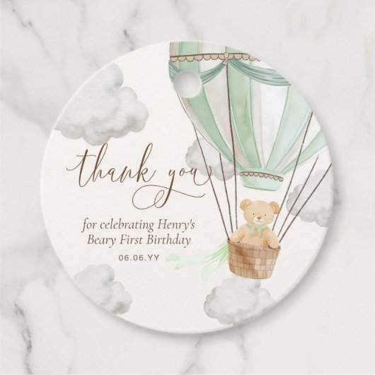 Étiquettes Cadeau Mint Teddy Bear Merci Béary Premier anniversaire (Devant)
