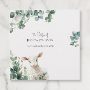 Étiquettes Cadeau Minuscule agneau de bébé et baptême d'Eucalyptus