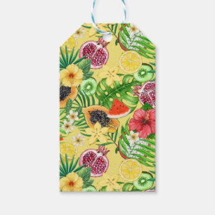 Étiquettes-cadeau Mix-fruit tropical, fleurs et feuilles sur jaune