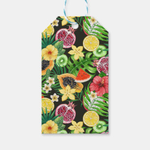 Étiquettes-cadeau Mix-fruits tropicaux, fleurs et feuilles en noir