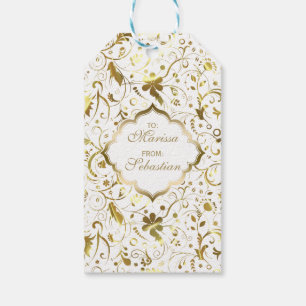 Étiquettes-cadeau Modèle de Damas Floral Blanc Et Or