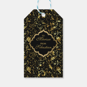 Étiquettes-cadeau Modèle de Damas Floral Noir Et Or