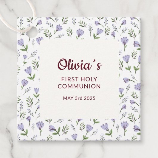Étiquettes Cadeau Modèle floral pourpre Première communion (Devant)