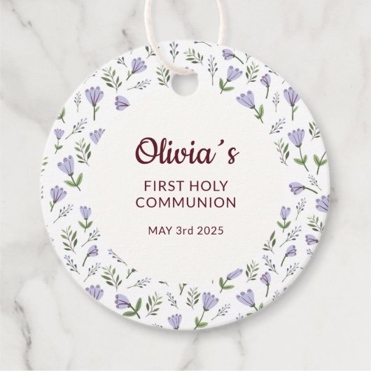 Étiquettes Cadeau Modèle floral pourpre Première communion (Devant)