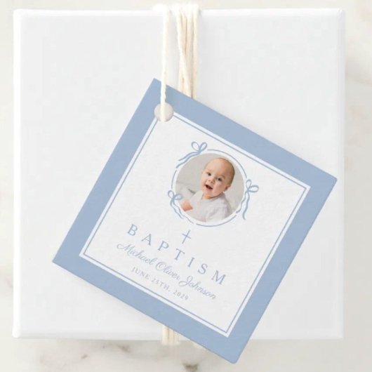 Étiquettes Cadeau Modern Blue Boy Baptism Photo