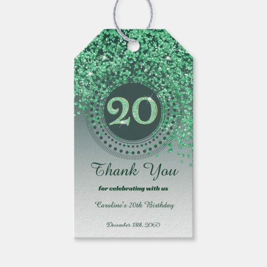 Étiquettes-cadeau Modern Falling Green Glitter 20th Birthday (Devant)