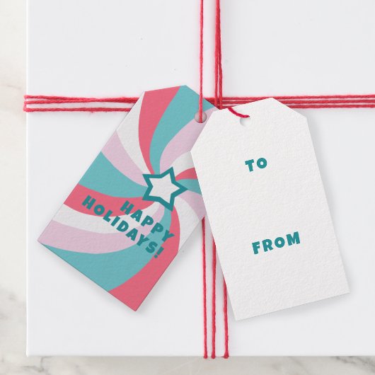 Étiquettes-cadeau Modern Swirl HAPPY HOLIDAYS CUSTOM Green TO FROM