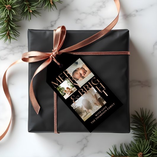 Étiquettes-cadeau Moderne Merry Bright Bold Typographie 3 Photo Blac