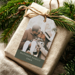 Étiquettes-cadeau Moderne Minimaliste Photo de Famille Verte Noël