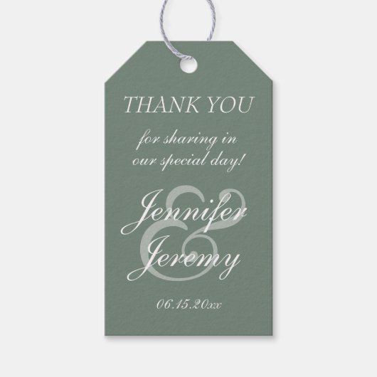 Étiquettes-cadeau Moderne Sage Green Élégant Mariage de script blanc (Devant)