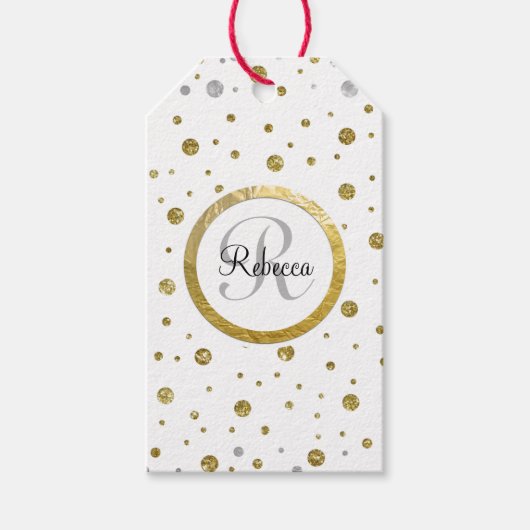 Étiquettes-cadeau Monogram Gold Leaf Print Silver Confetti (Devant)
