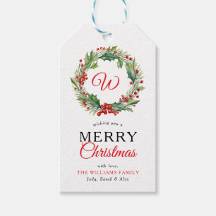 Étiquettes-cadeau Monogram Red Wreath Joyeux Noël Photo