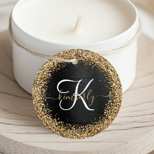 Étiquettes Cadeau Monogramme à étincelle noire à Parties scintillant