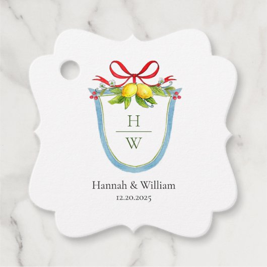Étiquettes Cadeau Monogramme Crest avec citrons et arc Mariage Faveu (Devant)