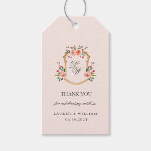 Étiquettes-cadeau Monogramme Crest avec fleurs mariage