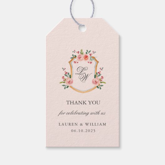 Étiquettes-cadeau Monogramme Crest avec fleurs mariage (Devant)