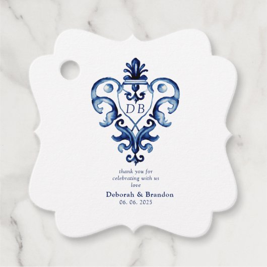 Étiquettes Cadeau Monogramme Crest Mariage Delft bleu et blanc (Devant)