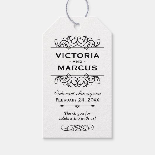 Étiquettes-cadeau Monogramme de bouteille de vin Mariage noir et bla (Devant)