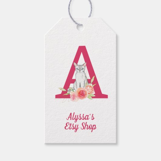 Étiquettes-cadeau Monogramme de chat et Bouquet de fleurs roses (Devant)