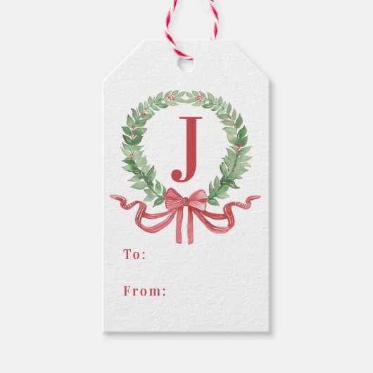 Étiquettes-cadeau Monogramme de couronne de Noël (Devant)